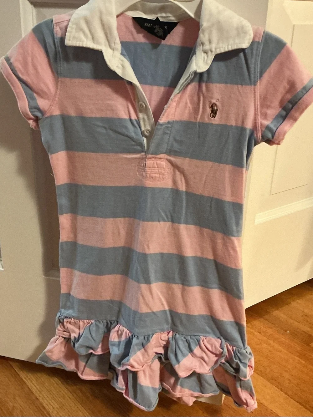 Ralph Lauren Girls Pink & Blue Striped Polo Dress with Ruffle Hem